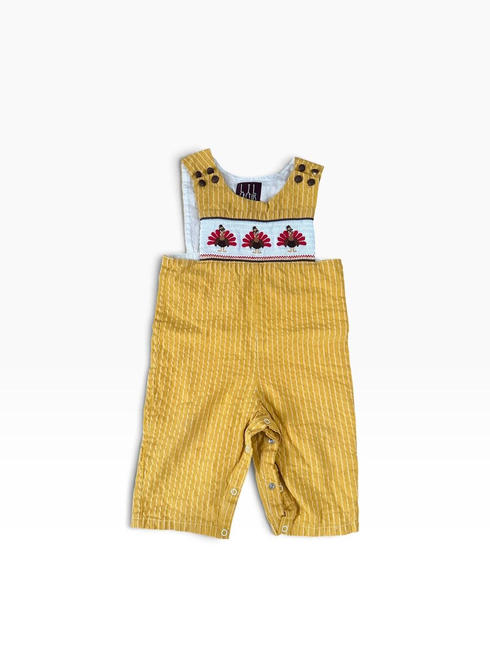 Lil Cactus Embroidered Thanksgiving Turkey Plaid Longall Romper Size 18M